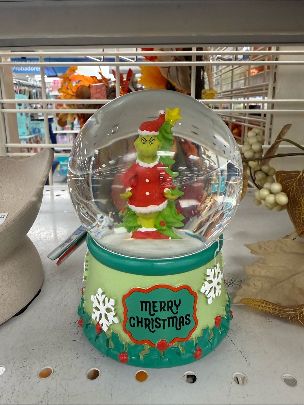 Merry Christmas Grinch Snow Globe - Green Holiday Figurine